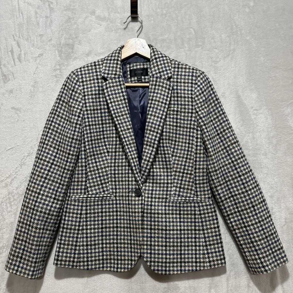 J.Crew Moon England Blazer 100% Wool‎ Houndstooth Suede Elbow Patches Size 6P